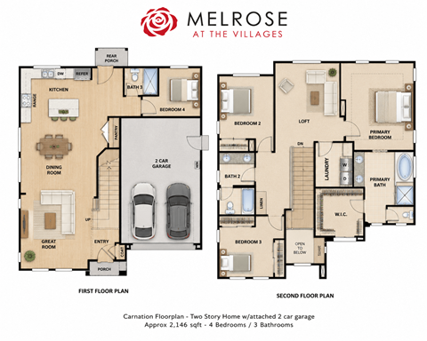 Floor plan for 4 beds, 3 baths, 2146 sqft